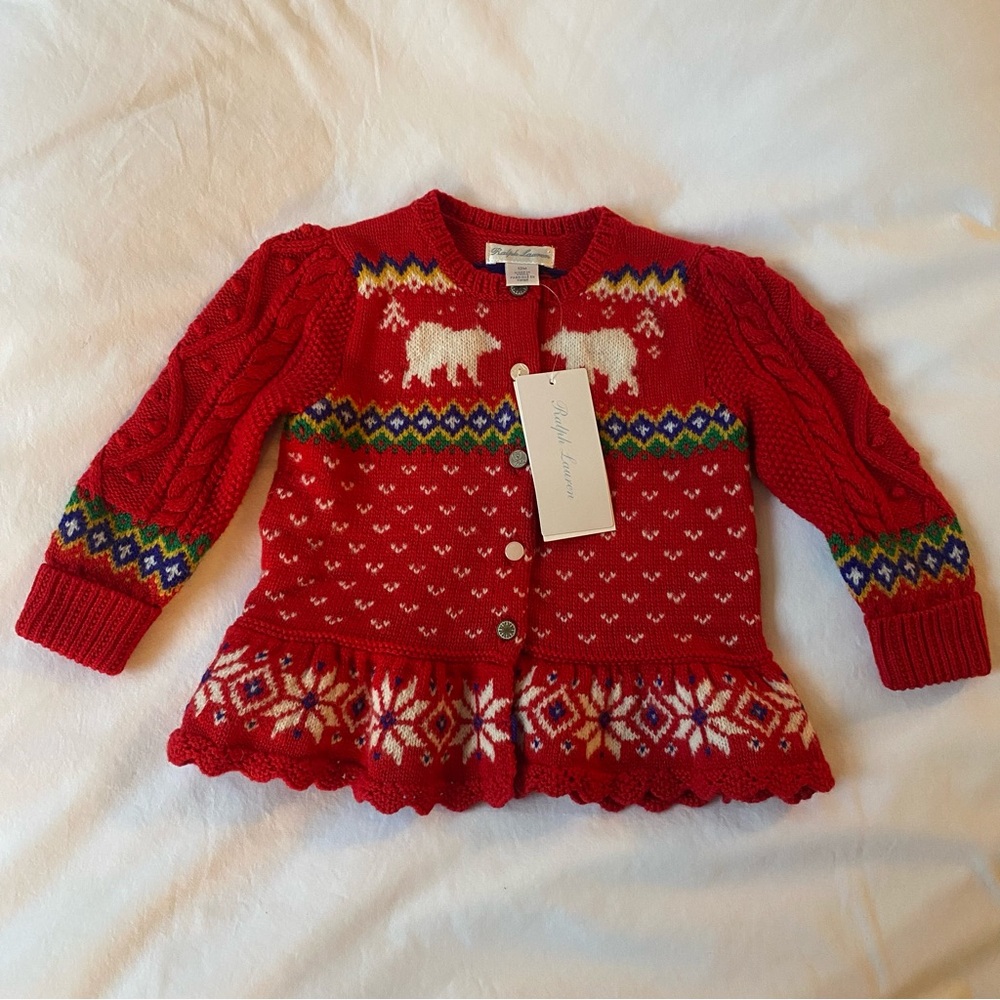Ralph Lauren Baby Girl Red Cable Knit Cardigan Sweater